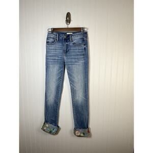 Driftwood Colette Embroidered Cuff Cropped Jeans W24 L26 Floral Raw Hem